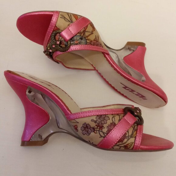 HPLA Floral Pink Glitter Shoes size 6 Open Toe Rhinestone Accent Acrylic Heels - Picture 5 of 12